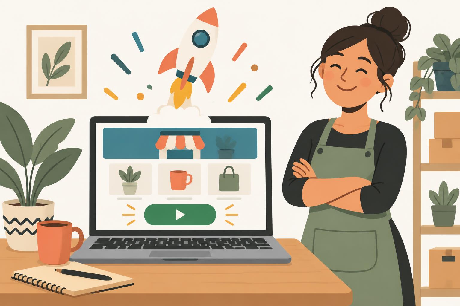 Illustration of a small business owner beside a laptop showing her new website going live